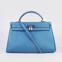 Hermes Kelly 35Cm Togo Leather Handbag Blue/Silver